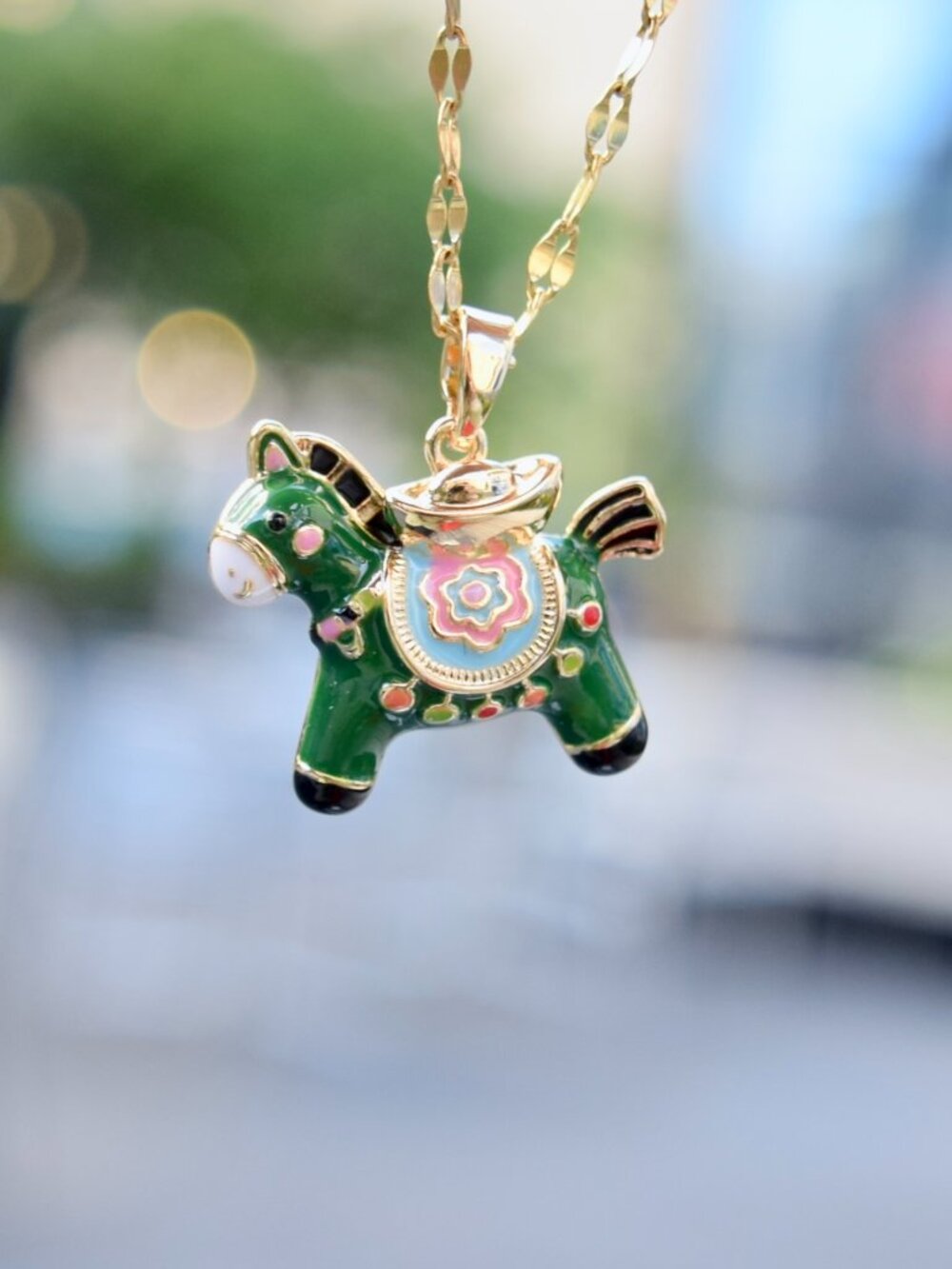 Green Horse Charm Necklace - Chinese Enamel Style - Stainless Steel Necklace